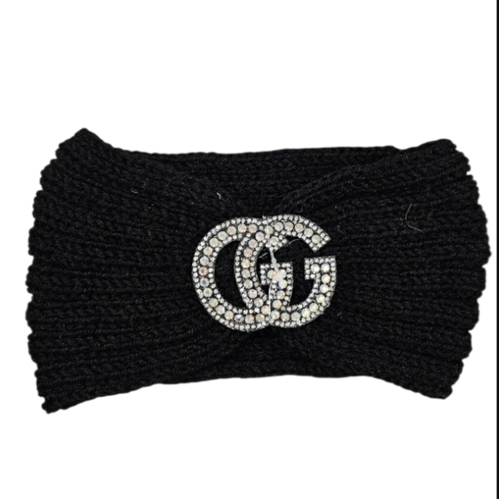Black Knit Headband with Crystal Embellishment Upcycled Gucci